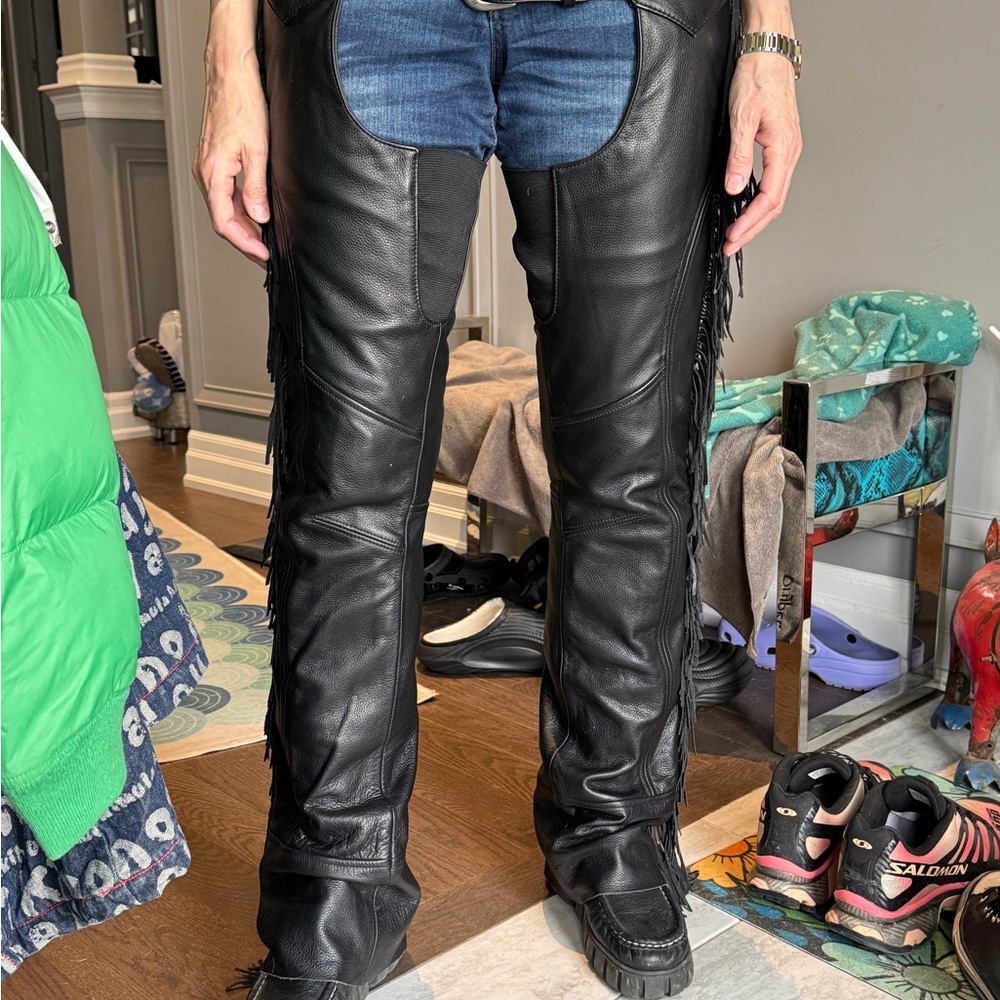 Harley Davidson Women's Black Leather Fringe Chaps - Classic Moto Style